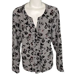 Candie's Blouse Top Women's XL‎ Black White Red Button-Front Split-Neck Floral